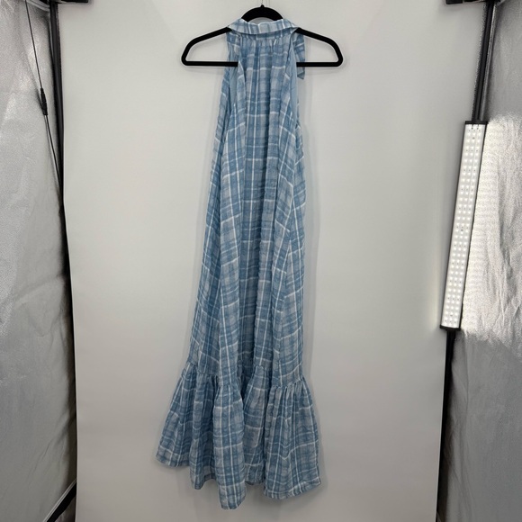 By Anthropologie Sleeveless Button Down Shirt Dress Blue Plaid Maxi Tiered XS - Picture 11 of 14